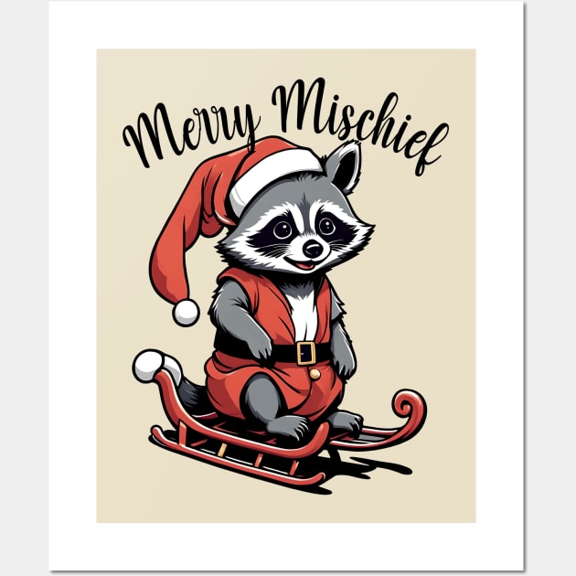 Merry Mischief - Xmas Raccoon in Sled Wall Art by WolfMerrik